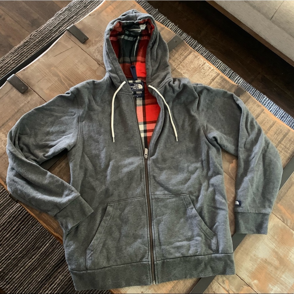 The North Face hoodie sweatshirt plaid flannel lined medium full zip •gray red•